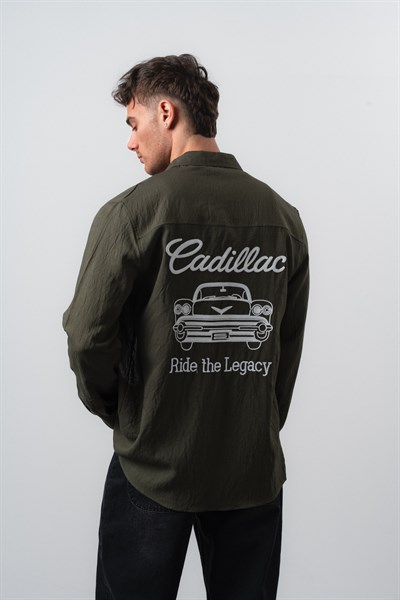 Erkek Cadillac Nakışlı Uzun Kollu Keten Oversize Gömlek Haki