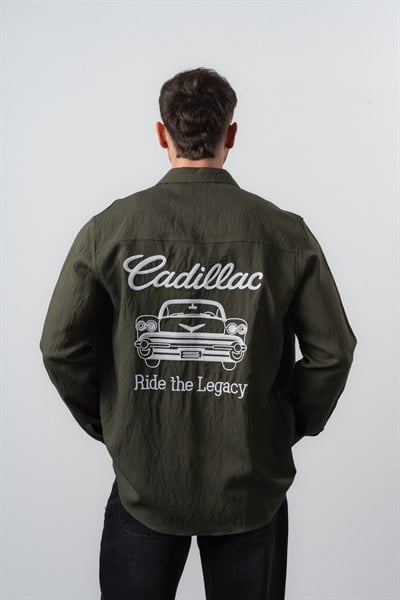 Erkek Cadillac Nakışlı Uzun Kollu Keten Oversize Gömlek Haki