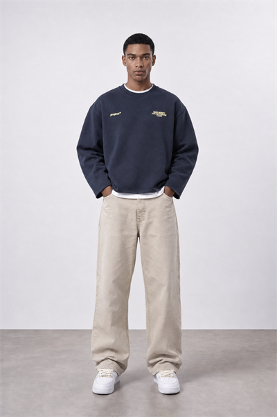Erkek Cake Baskılı Pis Dikiş Detaylı Oversize Sweatshirt Lacivert