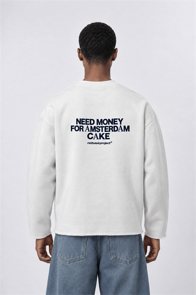 Erkek Cake Baskılı Pis Dikiş Detaylı Oversize Sweatshirt Ekru