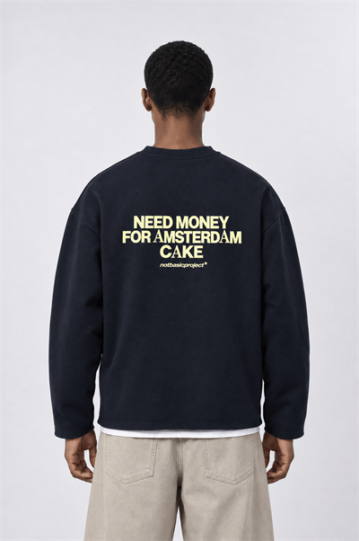 Erkek Cake Baskılı Pis Dikiş Detaylı Oversize Sweatshirt Lacivert