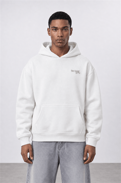 Erkek Carpet Patch Detaylı Oversize Hoodie Ekru