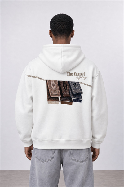 Erkek Carpet Patch Detaylı Oversize Hoodie Ekru