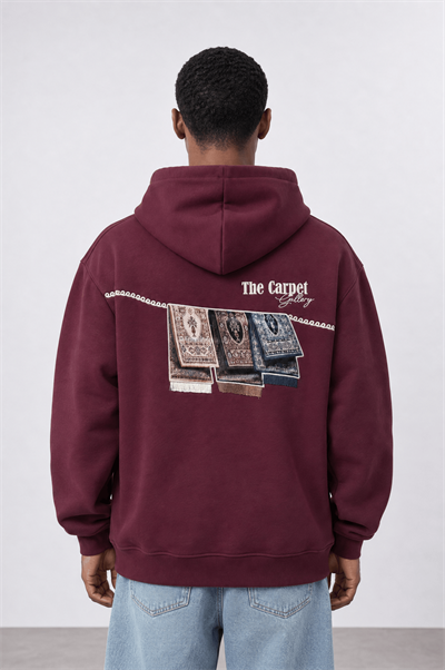 Erkek Carpet Patch Detaylı Oversize Hoodie Bordo