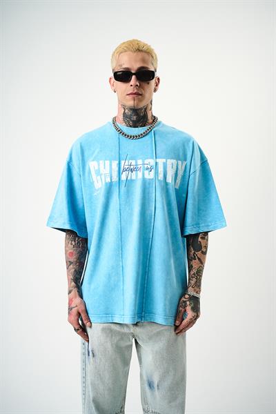 Erkek Chemistry Baskılı Yıkamalı Oversize T-Shirt Mavi