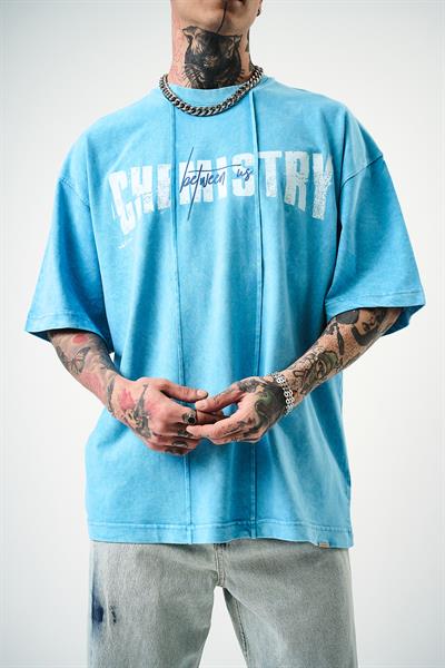 Erkek Chemistry Baskılı Yıkamalı Oversize T-Shirt Mavi