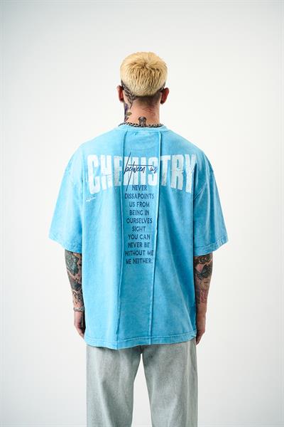 Erkek Chemistry Baskılı Yıkamalı Oversize T-Shirt Mavi