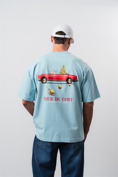 Erkek Cort Baskılı Oversize T-Shirt Bebe Mavi