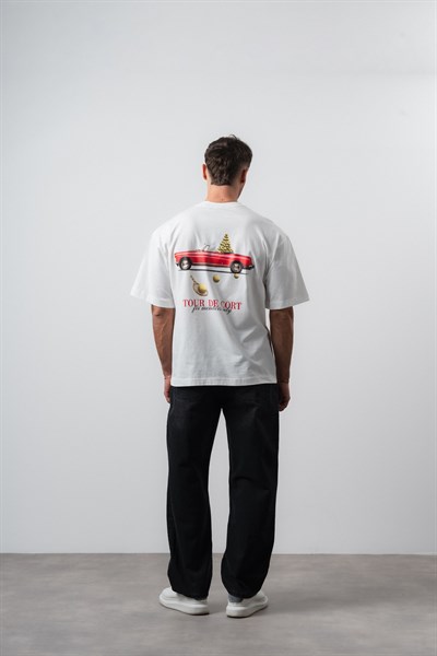 Erkek Cort Baskılı Oversize T-Shirt Ekru