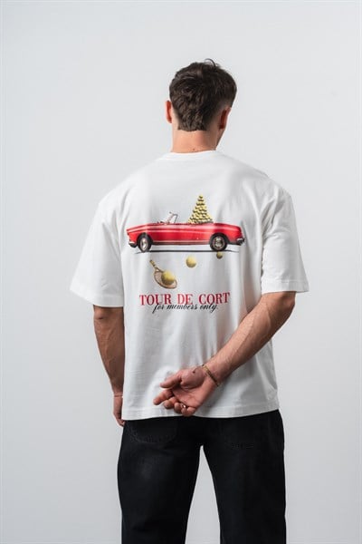 Erkek Cort Baskılı Oversize T-Shirt Ekru