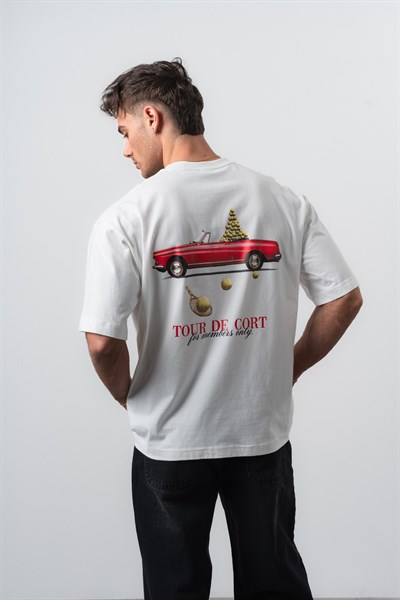 Erkek Cort Baskılı Oversize T-Shirt Ekru