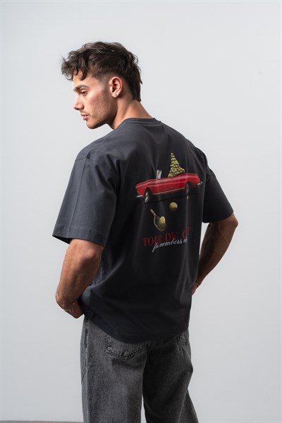 Erkek Cort Baskılı Oversize T-Shirt Füme