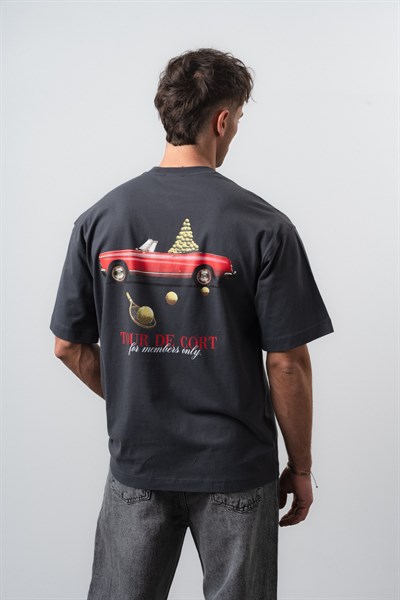 Erkek Cort Baskılı Oversize T-Shirt Füme