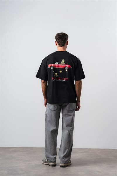 Erkek Cort Baskılı Oversize T-Shirt Siyah