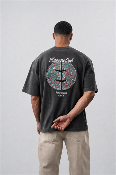 Erkek Craft Nakış Detaylı Oversize T-Shirt Füme