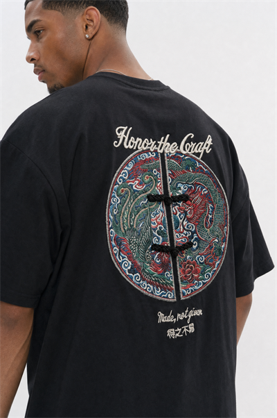 Erkek Craft Nakış Detaylı Oversize T-Shirt Siyah