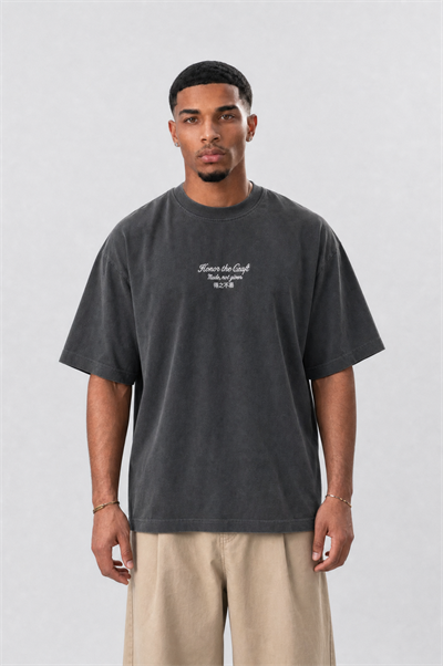 Erkek Craft Nakış Detaylı Oversize T-Shirt Füme