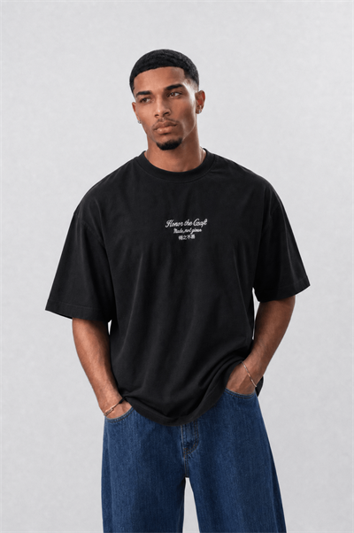 Erkek Craft Nakış Detaylı Oversize T-Shirt Siyah