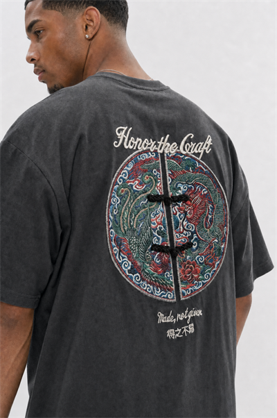 Erkek Craft Nakış Detaylı Oversize T-Shirt Füme