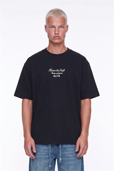 Erkek Craft Nakış Detaylı Oversize T-Shirt Siyah