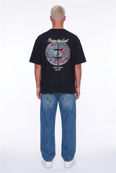 Erkek Craft Nakış Detaylı Oversize T-Shirt Siyah
