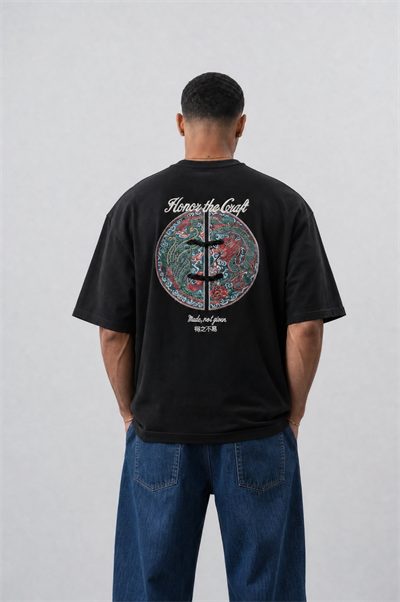 Erkek Craft Nakış Detaylı Oversize T-Shirt Siyah