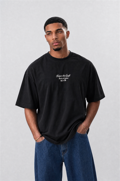 Erkek Craft Nakış Detaylı Oversize T-Shirt Siyah