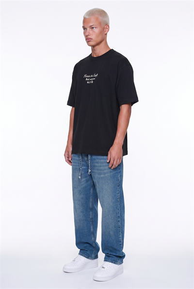 Erkek Craft Nakış Detaylı Oversize T-Shirt Siyah