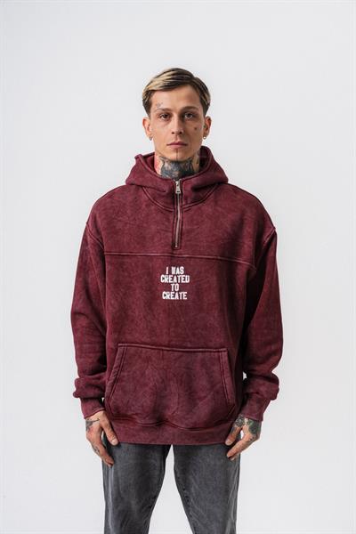 Erkek Create Baskılı Kapüşonlu Oversize Hoodie Bordo