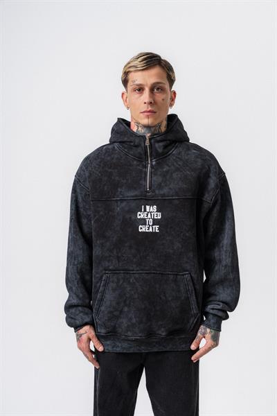 Erkek Create Baskılı Kapüşonlu Oversize Hoodie Siyah