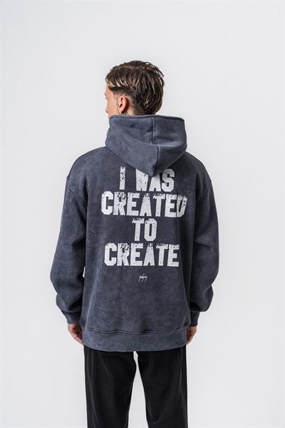 Erkek Create Baskılı Kapüşonlu Oversize Hoodie Füme