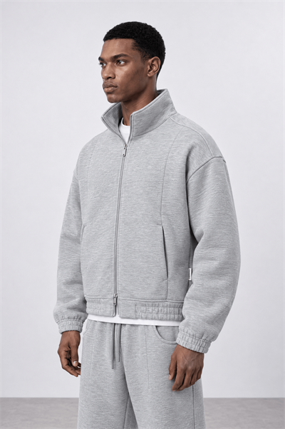 Erkek Crop Fit Panda Oversize Zip Gri Melanj