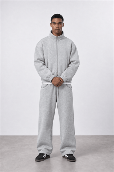 Erkek Crop Fit Panda Oversize Zip Gri Melanj