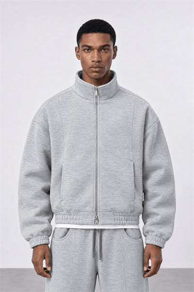 Erkek Crop Fit Panda Oversize Zip Gri Melanj