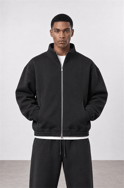 Erkek Crop Fit Panda Oversize Zip Siyah