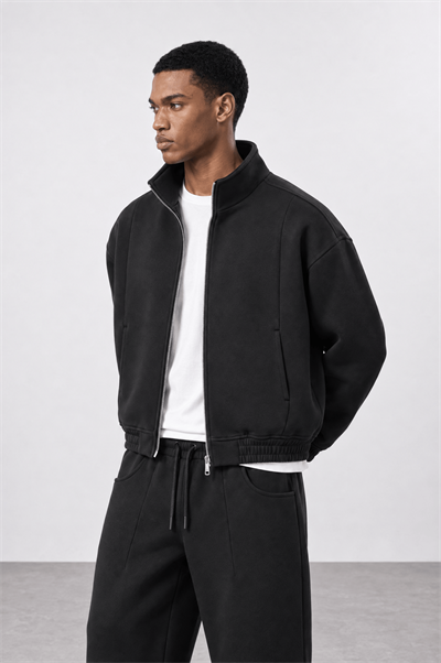 Erkek Crop Fit Panda Oversize Zip Siyah