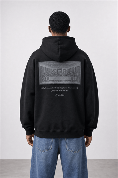 Erkek Da Vinci Baskı Detaylı Oversize Hoodie Siyah