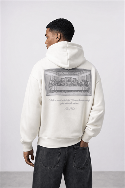 Erkek Da Vinci Baskı Detaylı Oversize Hoodie Ekru