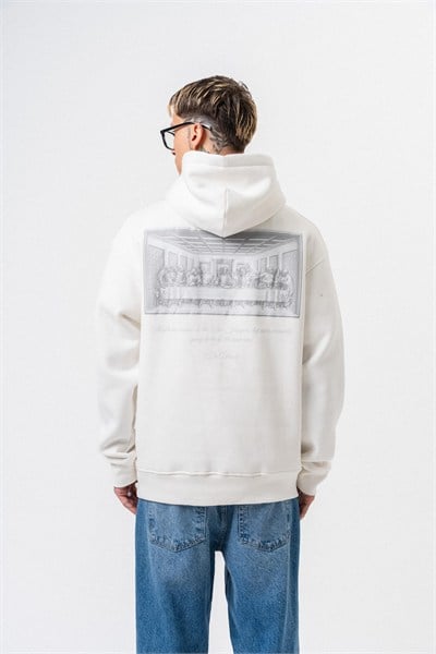 Erkek Da Vinci Baskılı Kapüşonlu Oversize Hoodie Ekru
