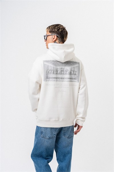 Erkek Da Vinci Baskılı Kapüşonlu Oversize Hoodie Ekru
