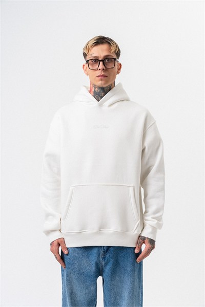 Erkek Da Vinci Baskılı Kapüşonlu Oversize Hoodie Ekru