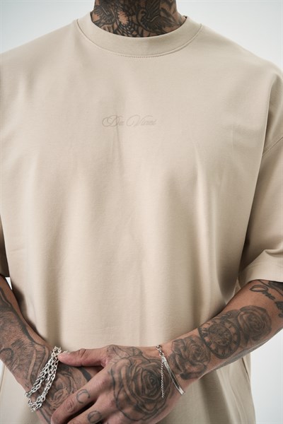 Erkek Da Vinci Baskılı Oversize T-Shirt Bej