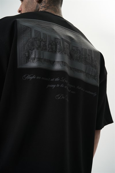 Erkek Da Vinci Baskılı Oversize T-Shirt Siyah