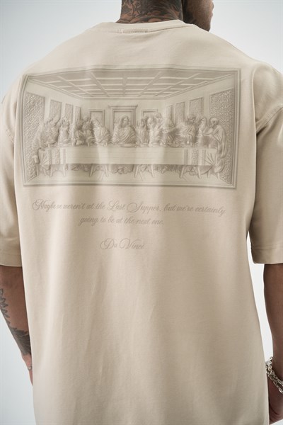 Erkek Da Vinci Baskılı Oversize T-Shirt Bej