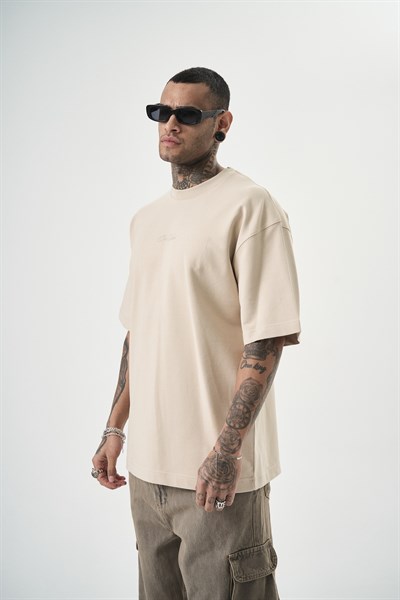 Erkek Da Vinci Baskılı Oversize T-Shirt Bej