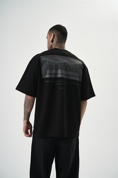 Erkek Da Vinci Baskılı Oversize T-Shirt Siyah