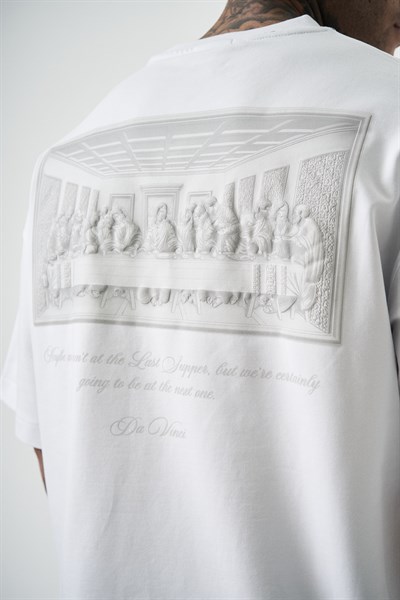 Erkek Da Vinci Baskılı Oversize T-Shirt Beyaz