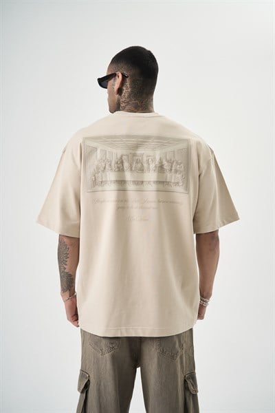 Erkek Da Vinci Baskılı Oversize T-Shirt Bej