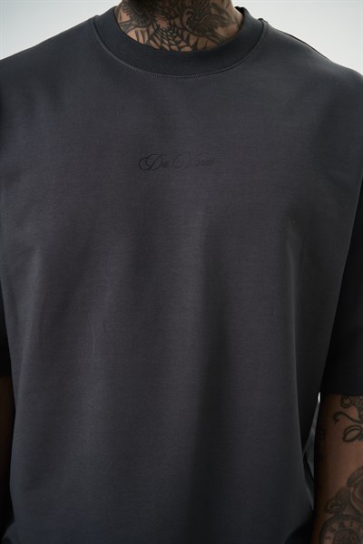 Erkek Da Vinci Baskılı Oversize T-Shirt Füme