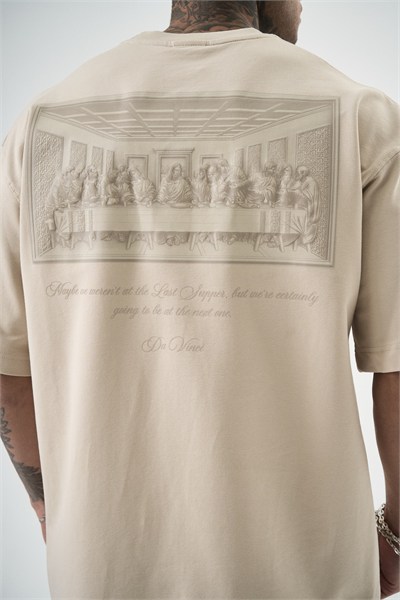Erkek Da Vinci Baskılı Oversize T-Shirt Bej